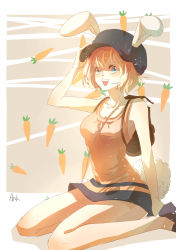 Rule 34 | 1girl, absurdres, animal ears, ankkkking, artist name, bad id, bad pixiv id, bag, blonde hair, blue eyes, blush, carrot, carrot (one piece), dress, furry, furry female, hat, highres, monster girl, one piece, open mouth, rabbit ears, rabbit girl, rabbit tail, short dress, sitting, solo, tail, teeth