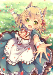 Rule 34 | 1girl, :d, animal ears, blurry, blush, braid, breasts, brown hair, cleavage, cleavage cutout, clothing cutout, collar, depth of field, dog ears, dog tail, downblouse, dress, fang, field, flower, flower field, from above, grass, green eyes, maid, maid headdress, meadow, mitsuhachi8, moe2015, open mouth, original, outstretched arm, outstretched arms, red ribbon, ribbon, smile, solo, tail, wrist cuffs