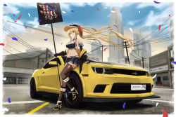 Rule 34 | 1girl, absurdres, alternate costume, american flag, azur lane, bare shoulders, boots, breasts, car, chevrolet, chevrolet camaro, cityscape, cleavage, cloud, confetti, cross-laced footwear, day, detached collar, eagle union (emblem), elbow gloves, fingerless gloves, full body, gloves, halterneck, hat, highres, holding, holding sign, hornet (azur lane), jacket, kcar66t, lace-up boots, miniskirt, motor vehicle, muscle car, pleated skirt, product placement, race queen, sign, skirt, thighhighs, vehicle focus