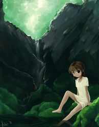 Rule 34 | 1girl, barefoot, blue eyes, brown hair, closed mouth, collarbone, commentary request, dark-skinned female, dark skin, day, dress, forest, full body, kajiji, looking at viewer, moss, nature, original, outdoors, pond, rock, scenery, short dress, short hair, short sleeves, sitting, smile, solo, stone, water, waterfall, white dress
