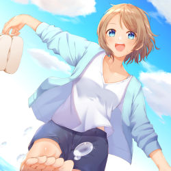 Rule 34 | 1girl, :d, bare legs, barefoot, blue eyes, blue jacket, blue shorts, blue sky, cloud, collarbone, holding, holding shoes, in water, jacket, kicking, light blush, light brown hair, long sleeves, looking at viewer, love live!, love live! sunshine!!, naribee (nton1263), open clothes, open jacket, open mouth, outdoors, shirt, shoes, short hair, shorts, sky, smile, solo, splashing, teeth, upper teeth only, v-neck, wading, watanabe you, water, white shirt