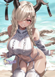 Rule 34 | 1girl, absurdly long hair, alternate costume, artist name, azur lane, bare shoulders, beach, blonde hair, braid, breasts, cable knit, commentary, cowboy shot, day, detached sleeves, english commentary, felielle, garter straps, hair ornament, hair over one eye, highres, horn ornament, horns, large breasts, large horns, long hair, long sleeves, meme attire, mole, mole under mouth, navel, outdoors, owari (azur lane), panties, ribbed panties, ribbed sleeves, ribbed thighhighs, side-tie panties, sideboob, sitting, smile, solo, sweater, twin braids, underwear, very long hair, virgin destroyer sweater, water, white garter straps, white panties, white sweater