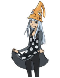 Rule 34 | 1girl, :i, blunt bangs, breasts, clothes lift, collarbone, cowboy shot, dress, dress lift, eruka frog, female focus, hat, leggings, long hair, looking at viewer, lowres, official art, pantyhose, petite, polka dot, silver hair, simple background, small breasts, solo, soul eater, standing, thigh gap, thighs, upskirt, white background, witch