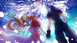 Rule 34 | 1boy, 1girl, absurdres, aerith gainsborough, armor, back, black hair, braid, braided ponytail, brown hair, couple, crisis core final fantasy vii, dress, earrings, facial scar, final fantasy, final fantasy vii, final fantasy vii remake, fireworks, from behind, gloves, hair ribbon, highres, holding hands, jacket, jewelry, long hair, mianmian741, outdoors, pink dress, pink ribbon, red jacket, ribbon, scar, scar on cheek, scar on face, shoulder armor, sky, spiked hair, star (sky), starry sky, sweater, turtleneck, turtleneck sweater, zack fair