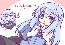 Rule 34 | 1girl, black dress, blue eyes, blue hair, blue vest, blush, bow, buttons, cake, candle, chibi, cup, dated, dress, english text, food, gochuumon wa usagi desu ka?, hair between eyes, hair ornament, hand up, happy birthday, holding, holding cake, holding cup, holding food, kafuu chino, kashimu, long hair, open mouth, shirt, smile, upper body, vest, x hair ornament
