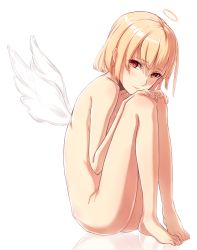 Rule 34 | 1girl, angel, bad id, bad pixiv id, barefoot, blonde hair, empty eyes, eyeliner, feet, halo, hands on own knees, highres, hugging own legs, knees to chest, lips, looking at viewer, makeup, nude, original, phantania, red eyes, reflection, short hair, simple background, sitting, solo, tears, white background, wings