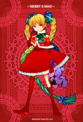 Rule 34 | 10s, 1girl, 2011, artist name, bad id, bad pixiv id, blonde hair, capelet, dated, dress, gradient hair, hand to own mouth, highres, holding, long hair, merry christmas, multicolored hair, original, smile, solo, stuffed animal, stuffed rabbit, stuffed toy, very long hair, yellow eyes, youmi