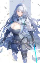 Rule 34 | 1girl, absurdres, armor, baketsu, blue eyes, breast tattoo, breasts, cleavage, cleavage cutout, clothing cutout, ethel (xenoblade), highres, holding, holding sword, holding weapon, large breasts, long hair, shoulder armor, solo, sword, tattoo, very long hair, weapon, xenoblade chronicles (series), xenoblade chronicles 3