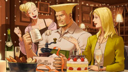 Rule 34 | 1boy, 2girls, asymmetrical hair, beard, blonde hair, cake, champagne bottle, champagne flute, chris (street fighter), commentary, cup, drinking glass, english commentary, facial hair, family, father and daughter, flattop, food, guile, hair bun, highres, husband and wife, julia (street fighter), multiple girls, official art, ribbon, single hair bun, street fighter, street fighter 6, table, wine glass