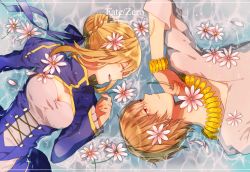 Rule 34 | 1boy, 1girl, ahoge, artoria pendragon (all), artoria pendragon (fate), blonde hair, blue dress, bracelet, cleavage cutout, clothing cutout, copyright name, dress, english text, closed eyes, fate/zero, fate (series), flower, gilgamesh (fate), grin, hair bun, hair flower, hair ornament, hair ribbon, holding, holding flower, jewelry, juliet sleeves, long hair, long sleeves, looking at another, lying, necklace, on back, petals, puffy sleeves, red eyes, ribbon, ripples, saber (fate), shirt, single hair bun, smile, text focus, water
