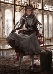 Rule 34 | 1girl, anklet, apron, arknights, black dress, bow, chandelier, closed mouth, commentary, cross, cross earrings, day, dress, earrings, expressionless, frilled apron, frills, grey eyes, grey hair, head wings, highres, indoors, irene (arknights), irene (voyage of feathers) (arknights), jewelry, juliet sleeves, long hair, long sleeves, looking at viewer, maid, maid apron, maid headdress, mansion, mary janes, new t y n, official alternate costume, pantyhose, puffy sleeves, red bow, red pupils, reflective floor, rope, sanpaku, shoes, sketch, skirt hold, sleeve cuffs, solo, split ponytail, standing, suitcase, sunlight, tree, waist bow, white apron, white pantyhose, window, wings, wooden floor