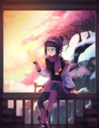 Rule 34 | 1girl, artist name, black hair, black leggings, black shirt, blue eyes, blunt bangs, bob cut, breasts, cellphone, cherry blossoms, cliff, closed mouth, commentary, crossed ankles, english commentary, foot out of frame, gradient sky, hand on railing, hat, high tops, highres, holding, holding phone, jacket, kasia mikolajczyk (silverfox442), knit hat, leggings, log cabin, long sleeves, looking at object, looking at phone, obakawaii, off shoulder, on railing, open clothes, open jacket, orange sky, original, phone, pom pom (clothes), purple footwear, purple hat, purple jacket, purple scarf, purple skirt, purple socks, railing, scarf, shirt, shoes, short hair, signature, sitting, skirt, sky, small breasts, smartphone, smile, sneakers, snow, socks, tree, two-sided fabric, unzipped, white jacket, winter clothes, yellow sky