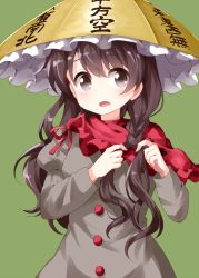Rule 34 | 1girl, ajirogasa, black hair, braid, buttons, capelet, clothes writing, dress, green background, grey dress, hat, highres, long hair, long sleeves, looking at viewer, open mouth, red capelet, ribbon, ruu (tksymkw), simple background, solo, touhou, twin braids, tying hair, very long hair, yatadera narumi