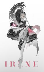 Rule 34 | 1girl, absurdres, ankle boots, arknights, arm up, belt, black eyes, black footwear, black jacket, boots, breasts, character name, earrings, etiv, forehead, full body, grey background, grey hair, high-waist skirt, highres, holding, holding sword, holding weapon, irene (arknights), jacket, jewelry, layered skirt, leg up, long hair, long sleeves, looking at viewer, medium breasts, pantyhose, parted lips, pink skirt, puffy long sleeves, puffy sleeves, rapier, simple background, skirt, solo, standing, standing on one leg, sword, tiptoes, very long hair, weapon, white pantyhose, white skirt