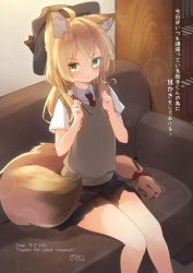 Rule 34 | &gt;:), 1girl, ahoge, animal ears, black skirt, blonde hair, book, bookshelf, closed mouth, collared shirt, commentary request, commission, coreytaiyo, couch, dated, dress shirt, grey hat, hair between eyes, hands up, hat, highres, indoors, looking at viewer, monocle, necktie, on couch, original, pleated skirt, red necktie, shirt, short sleeves, signature, sitting, skirt, smile, solo, sweater vest, tail, translation request, v-shaped eyebrows, white shirt, yellow eyes