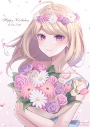 Rule 34 | 1girl, ahoge, akamatsu kaede, artist name, bare shoulders, blonde hair, blush, bouquet, collarbone, commentary request, danganronpa (series), danganronpa v3: killing harmony, dated, flower, fortissimo, hair flower, hair ornament, happy birthday, head wreath, highres, holding, long hair, looking at viewer, musical note, musical note hair ornament, nabekokoa, hugging object, petals, pink eyes, pink flower, pink rose, purple eyes, rose, shiny skin, simple background, smile, solo, upper body, white background, white flower