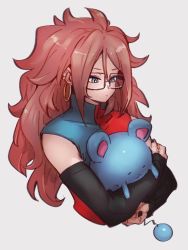 Rule 34 | 1girl, android 21, black-framed eyewear, blue eyes, checkered clothes, checkered dress, creatures (company), crossover, dragon ball, dragon ball fighterz, dress, earrings, game freak, gen 2 pokemon, glasses, grey background, hair between eyes, holding, holding pokemon, hoop earrings, jewelry, kemachiku, long hair, marill, nintendo, pokemon, pokemon (creature), red hair, simple background, upper body