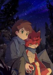 Rule 34 | 1boy, amanokawa hiro, betelgammamon, blue scarf, blush, brown hair, brown pants, camping, child, coat, commentary request, digimon, digimon (creature), digimon ghost game, green eyes, highres, holding hands, horns, kabo (kabo lab), long sleeves, male focus, night, night sky, nose blush, outdoors, pants, scarf, short hair, sitting, sky, star (sky), starry sky, tent, tree, yellow eyes