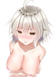 Rule 34 | 1girl, absurdres, ahoge, arms at sides, blush, breasts, cleavage, collarbone, commentary request, fate/grand order, fate (series), highres, jeanne d&#039;arc (fate), jeanne d&#039;arc alter (avenger) (fate), jeanne d&#039;arc alter (fate), large breasts, long hair, nipples, nude, open mouth, silver hair, solo, tsurime, upper body, water, white background, yashima roi, yellow eyes