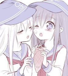 Rule 34 | 10s, 2girls, ;o, akatsuki (kancolle), anchor symbol, blue hat, blush, closed eyes, commentary request, crepe, flat cap, food, food on face, hair between eyes, hand on another&#039;s arm, hat, hibiki (kancolle), holding, holding food, kantai collection, long hair, long sleeves, multiple girls, neckerchief, one eye closed, open mouth, pale color, purple eyes, purple hair, red neckerchief, school uniform, serafuku, shirt, silver hair, simple background, sketch, upper body, wakui souta, white background, white shirt