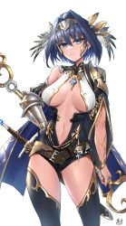 Rule 34 | 1girl, bad id, bad pixiv id, blue eyes, blue hair, bow, breasts, cleavage, earrings, gauntlets, gloves, hair intakes, hair ornament, helm, helmet, highres, hololive, hololive english, jewelry, keisuke desu~, large breasts, navel, necklace, ouro kronii, short hair, simple background, solo, sword, thighhighs, tiara, virtual youtuber, weapon