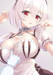 Rule 34 | 1girl, anchor choker, azur lane, blush, breast curtains, breasts, choker, cleavage, collarbone, dress, frills, gloves, hair between eyes, hairband, highres, krono tokage, lace-trimmed hairband, lace trim, large breasts, looking at viewer, maid, maid headdress, open mouth, puffy short sleeves, puffy sleeves, red eyes, short hair, short sleeves, sirius (azur lane), white dress, white frills, white gloves, white hair