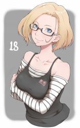 Rule 34 | 1girl, android 18, bespectacled, blonde hair, blue eyes, breast hold, breasts, character name, dragon ball, dragonball z, earrings, glasses, group name, ina (gokihoihoi), jewelry, long sleeves, looking at viewer, off-shoulder shirt, semi-rimless eyewear, shirt, short hair, smile, solo, striped, under-rim eyewear, upper body