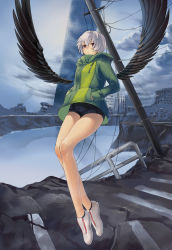Rule 34 | 1girl, bad id, bad pixiv id, black shorts, black wings, building, closed mouth, cloud, cloudy sky, coat, floating, green coat, hands in pockets, highres, hood, hooded coat, light frown, long sleeves, masoo, mechanical wings, original, outdoors, red eyes, ruins, shoes, short shorts, shorts, silver hair, sky, solo, utility pole, white footwear, wings
