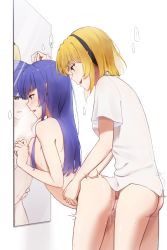 Rule 34 | 2girls, ass, black hairband, blonde hair, blue hair, blunt bangs, blush, breasts, clothed sex, collared shirt, commentary request, completely nude, dconan owo, furude rika, futa with female, futanari, hairband, highres, higurashi no naku koro ni, hime cut, houjou satoko, long hair, looking at mirror, mirror, motion lines, multiple girls, nude, open mouth, penis, purple eyes, pussy, pussy juice, reflection, sex, sex from behind, shirt, short hair, sidelocks, small breasts, standing, standing sex, vaginal, white background, white shirt
