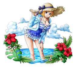 Rule 34 | 1girl, arm up, artist request, blue eyes, blue one-piece swimsuit, blue ribbon, breasts, cleavage, closed mouth, cloud, collarbone, facing viewer, flower, frills, hand on leg, hand on own leg, hand up, happy, hat, hat ornament, hat ribbon, hood, hoodie, in water, jewelry, koala (one piece), large breasts, leaning forward, long sleeves, looking at viewer, necklace, one-piece swimsuit, one piece, open clothes, open shirt, orange hair, outdoors, plant, ribbon, shirt, short hair, simple background, smile, solo, standing, straw hat, sun hat, swimsuit, wading, water