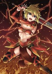 Rule 34 | 1girl, blonde hair, blue eyes, breasts, clarent (fate), cleavage, detached sleeves, fate/apocrypha, fate (series), highres, lightning, medium breasts, mordred (fate), mordred (fate/apocrypha), navel, ponytail, sakuya (liao kj), solo, thighhighs