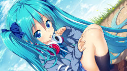 Rule 34 | 1girl, aqua eyes, aqua hair, candy, cardigan, day, dutch angle, food, hair ribbon, hatsune miku, headphones, headphones around neck, highres, hisasi, loafers, lollipop, long hair, looking at viewer, mouth hold, open mouth, outdoors, ribbon, school uniform, shoes, skirt, socks, solo, squatting, sweater, twintails, vocaloid, wallpaper, yamaha