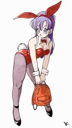 Rule 34 | 1girl, animal ears, ankle strap, armpit crease, backpack, bag, bare arms, bent over, black footwear, blunt bangs, bow, bowtie, breasts, bulma, cleavage, closed mouth, detached collar, dragon ball, dragon ball (classic), expressionless, eyelashes, fake animal ears, full body, grey pantyhose, hair behind ear, high heels, highres, holding, holding bag, kakeru (dbskakeru), large breasts, legs apart, leotard, long hair, looking at viewer, orange bag, pantyhose, playboy bunny, purple eyes, purple hair, rabbit ears, rabbit tail, red bow, red bowtie, red leotard, shoes, simple background, solo, standing, straight hair, strappy heels, tail, tareme, white background, white wrist cuffs, wrist cuffs