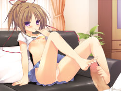 Rule 34 | 1girl, arm support, artist request, barefoot, blush, breasts, brown hair, cameltoe, censored, clothes lift, couch, feet, finger to mouth, footjob, hair ribbon, highres, long hair, looking at viewer, nipples, panties, pantyshot, penis, ponytail, purple eyes, ribbon, shirt, shirt lift, sitting, skirt, smile, source request, toes, underwear, upskirt