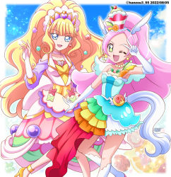 Rule 34 | 2022, 2girls, :d, ;d, animal ears, armpits, blonde hair, blue eyes, blue hairband, blush, bridal gauntlets, choker, clothing cutout, collarbone, cure finale, cure parfait, dated, delicious party precure, diadem, dress, elbow gloves, fake animal ears, gloves, green eyes, hairband, hanzou, hat, high heels, high ponytail, highres, horse ears, horse tail, jewelry, kirakira precure a la mode, layered dress, layered skirt, long dress, long hair, looking at viewer, mini hat, miniskirt, multiple girls, necklace, one eye closed, open mouth, pink choker, pink hair, precure, pumps, shoulder cutout, skirt, smile, socks, standing, tail, twitter username, very long hair, white gloves, white socks, yellow footwear