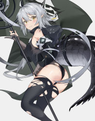 Rule 34 | 1girl, absurdres, ahoge, arknights, ass, between legs, black jacket, black leotard, black thighhighs, blush, breasts, closed mouth, crocodilian tail, embarrassed, feet out of frame, fingerless gloves, flag, furrowed brow, gloves, grey background, hair between eyes, highres, holding, holding staff, hood, hooded jacket, jacket, large tail, leotard, long hair, looking at viewer, medium breasts, pinky out, pointy ears, silver hair, simple background, solo, staff, starzexingze, tail, tail strap, thighhighs, thighs, tomimi (arknights), torn clothes, torn leotard, torn thighhighs, yellow eyes