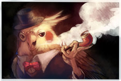 Rule 34 | animal focus, bird, bow, bowtie, cockatiel, era (traveling bird), feathers, formal, hat, monocle, monocle chain, realistic, smoke, smoking pipe, top hat, traditional bowtie