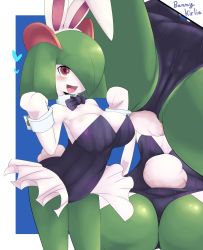 Rule 34 | 1girl, animal ears, ass, bare shoulders, blue background, blush, border, breasts, cameltoe, cleavage, close-up, collar, cowboy shot, creatures (company), fake animal ears, from below, game freak, gen 3 pokemon, green hair, hair over one eye, heart, highres, kirlia, large breasts, leotard, looking at viewer, multiple views, nintendo, open mouth, playboy bunny, pokemon, pokemon (creature), rabbit ears, red eyes, ruishin, short hair, simple background, smile, standing, white border, wrist cuffs