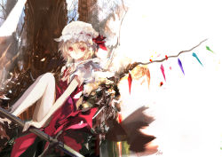 Rule 34 | 1girl, architecture, ascot, bare legs, blonde hair, dated, embodiment of scarlet devil, female focus, flandre scarlet, hat, hat ribbon, highres, holding, knees together feet apart, legs together, light smile, lin+, looking at viewer, md5 mismatch, puffy sleeves, red eyes, ribbon, roman numeral, short hair, short sleeves, signature, sitting, skirt, skirt set, solo, touhou, wings