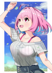 Rule 34 | 1girl, ahoge, arm up, bangle, bare shoulders, blue hair, blue sky, blurry, blurry background, blurry foreground, bra, bra visible through clothes, bracelet, breasts, cloud, collarbone, commentary, fang, hair between eyes, hair intakes, idolmaster, idolmaster cinderella girls, jewelry, large breasts, looking up, mitche, multicolored hair, off-shoulder shirt, off shoulder, open mouth, pink bra, pink hair, shirt, short sleeves, sky, smile, solo, two-tone hair, underwear, upper body, yumemi riamu