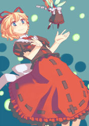 Rule 34 | 1girl, blonde hair, blue eyes, bow, curly hair, female focus, flower, hair bow, light particles, lily of the valley, medicine melancholy, shirt, short hair, short sleeves, skirt, smile, solo, su-san, takuzui, touhou