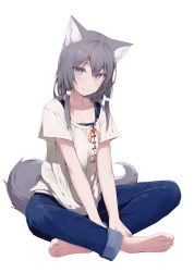 Rule 34 | 1girl, absurdres, animal ears, barefoot, blush, closed mouth, collarbone, feet, full body, grey eyes, grey hair, highres, indian style, looking at viewer, mikisai, original, pants, shirt, short hair, short sleeves, sidelocks, simple background, sitting, solo, tail, toes, v arms, white background, white shirt, wolf ears, wolf girl, wolf tail