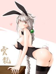 Rule 34 | 10s, 1girl, animal ears, arched back, arm support, ass, bare shoulders, black thighhighs, blush, braid, breasts, brown eyes, character name, cleavage, detached collar, fake animal ears, grey hair, heart, highres, huge breasts, kaminagi (kaminagi-tei), kantai collection, leaning forward, leotard, long hair, looking at viewer, playboy bunny, rabbit ears, rabbit tail, simple background, single braid, solo, tail, thighhighs, unryuu (kancolle), very long hair