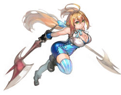 Rule 34 | 1girl, ahoge, aoin, axe, bare shoulders, blonde hair, boots, borrowed character, bow, breast tattoo, breasts, character request, cleavage, curvy, dual wielding, female focus, gloves, green eyes, hair bow, highres, holding, large breasts, long hair, original, smile, solo, striped clothes, striped thighhighs, tattoo, thighhighs, twintails, weapon
