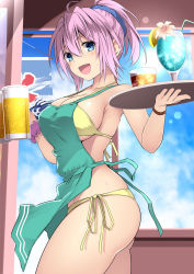 Rule 34 | 1girl, :d, ahoge, alcohol, aoba (kancolle), apron, ass, bare shoulders, beer, beer mug, bikini, blue eyes, blue sky, blush, breasts, cleavage, commentary request, cowboy shot, cup, day, drink, drinking glass, drinking straw, flower, green apron, hair between eyes, hair ornament, hair scrunchie, halterneck, highres, holding, holding tray, ice, ice cube, kantai collection, kuromayu, large breasts, lens flare, looking at viewer, mug, open mouth, pink flower, ribbon, scrunchie, short hair, short ponytail, side-tie bikini bottom, sky, smile, solo, string bikini, swimsuit, thighs, tray, wrist scrunchie, wristband, yellow bikini, yellow ribbon