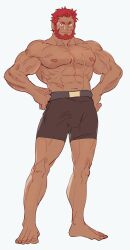 Rule 34 | 1boy, abs, bara, beard, bulge, dark-skinned male, dark skin, facial hair, fate/zero, fate (series), full beard, full body, halorane, highres, iskandar (fate), large pectorals, looking at viewer, male focus, mature male, multiple scars, muscular, muscular male, navel, nipples, pectorals, red eyes, red hair, scar, short hair, shorts, smile, solo, standing, tachi-e, thick beard, topless male, white background