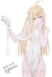 Rule 34 | 1boy, ahoge, armlet, bad id, bad pixiv id, bare hips, bare shoulders, blonde hair, blush, collarbone, commentary request, covered navel, cowboy shot, dated, dress, flower, hand on own cheek, hand on own face, hands up, head tilt, holding, holding flower, long hair, looking at viewer, male focus, nail polish, neko (ganecooo), original, pelvic curtain, purple eyes, red nails, rose, sidelocks, simple background, sleeveless, sleeveless dress, straight hair, thigh strap, thighhighs, trap, twitter username, very long hair, white background, white dress, white flower, white rose, white thighhighs