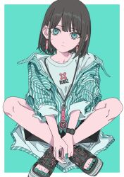 Rule 34 | 1girl, bandaid, black footwear, blue background, border, brown hair, closed mouth, collarbone, collared shirt, commentary, crossed legs, dangle earrings, earrings, feet, fingernails, full body, green eyes, green nails, haku geroda, jewelry, legs, long eyebrows, long sleeves, looking at viewer, nail polish, original, pink bandaid, sandals, scar, scar on face, shirt, short hair, shorts, single off shoulder, sitting, sleeves rolled up, solo, striped clothes, striped shirt, swept bangs, t-shirt, toeless footwear, toenail polish, toenails, toes, watch, white border, wristwatch
