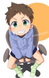 Rule 34 | 1boy, bandage on face, bandages, chair, chiisatotakatoh, child, commentary request, green eyes, highres, hood, hoodie, looking at viewer, looking up, original, short hair, shorts, sitting, socks, solo, striped clothes, striped legwear, striped socks