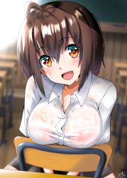 Rule 34 | 1girl, ahoge, antenna hair, blush, bra visible through clothes, breast rest, breasts, brown eyes, brown hair, highres, large breasts, looking at viewer, open mouth, original, school uniform, see-through, short hair, sitting, smile, solo, tented shirt, tsumejirou, uniform, wet, wet clothes